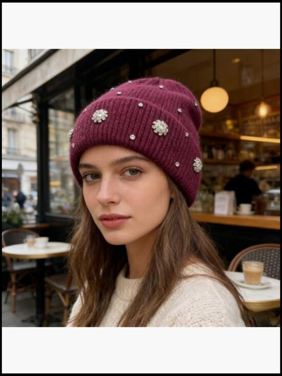 Sparkling Diamond & Rhinestone Cuffed Knit Beanie Women\'s Winter Hat main image 6